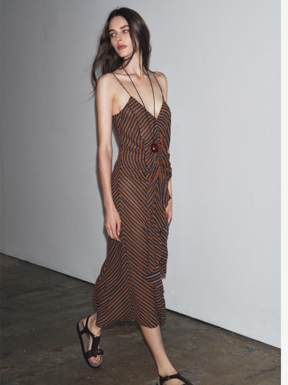 Zara Striped Twist-Front V-Neck Midi Dress in Brown and Black